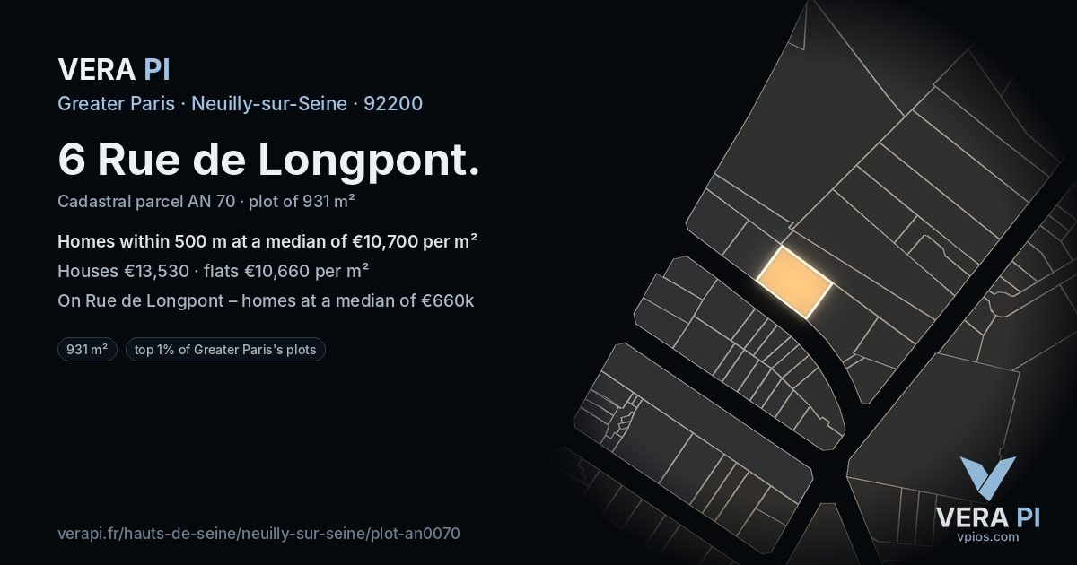 6 Rue de Longpont, Neuilly-sur-Seine at night – the plot lit, the parcels around coloured by the prices near them
