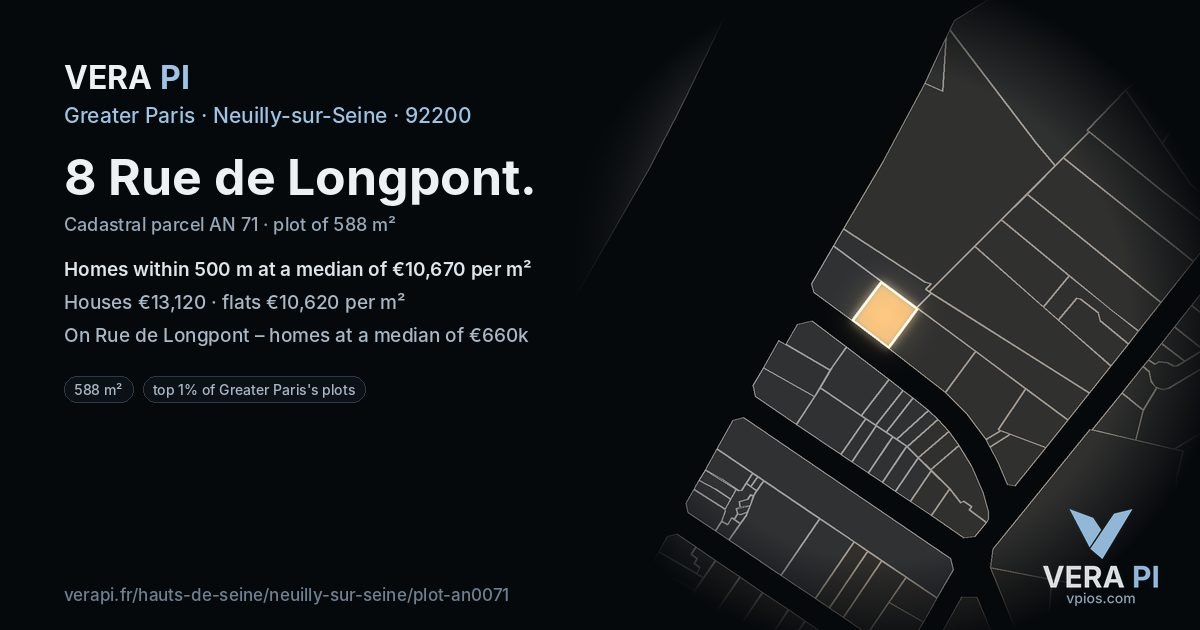 8 Rue de Longpont, Neuilly-sur-Seine at night – the plot lit, the parcels around coloured by the prices near them