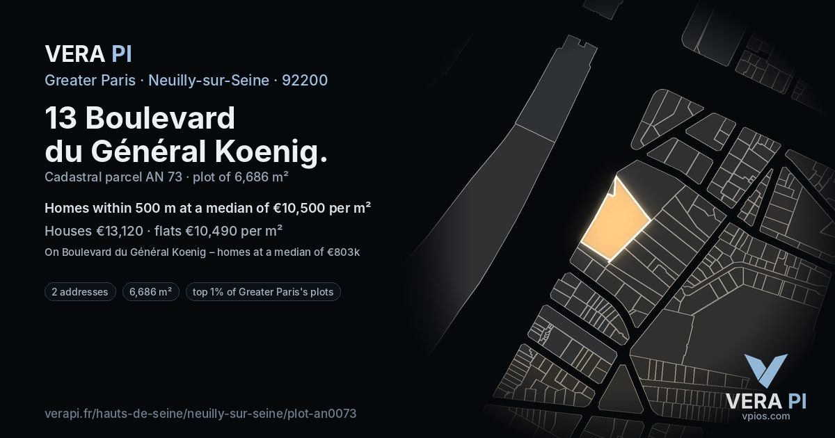 13 Boulevard du Général Koenig, Neuilly-sur-Seine at night – the plot lit, the parcels around coloured by the prices near them