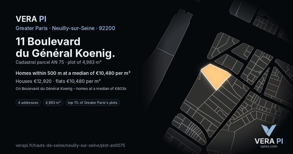11 Boulevard du Général Koenig, Neuilly-sur-Seine at night – the plot lit, the parcels around coloured by the prices near them