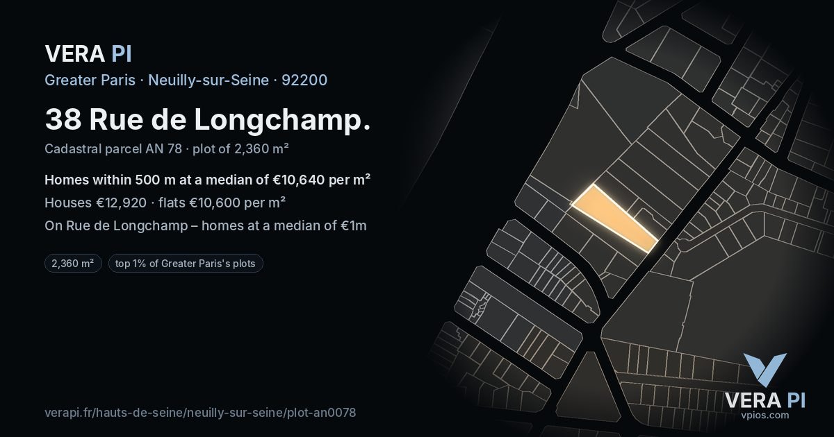 38 Rue de Longchamp, Neuilly-sur-Seine at night – the plot lit, the parcels around coloured by the prices near them
