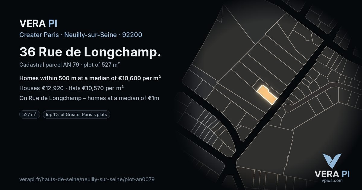 36 Rue de Longchamp, Neuilly-sur-Seine at night – the plot lit, the parcels around coloured by the prices near them