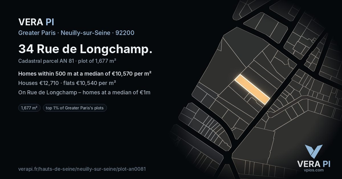 34 Rue de Longchamp, Neuilly-sur-Seine at night – the plot lit, the parcels around coloured by the prices near them