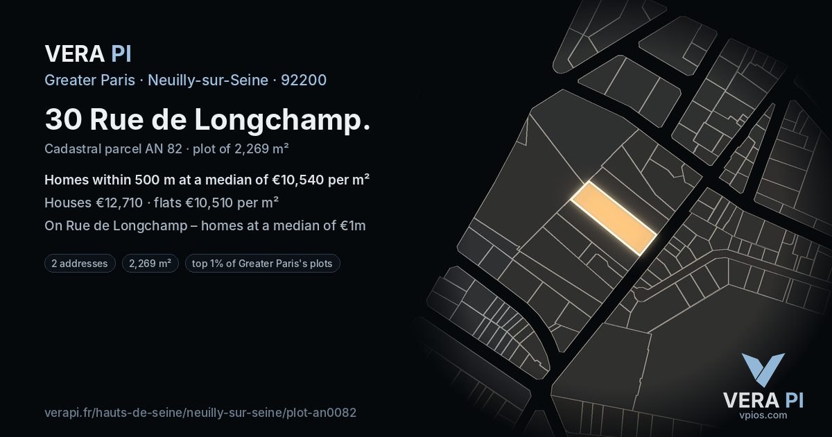 30 Rue de Longchamp, Neuilly-sur-Seine at night – the plot lit, the parcels around coloured by the prices near them