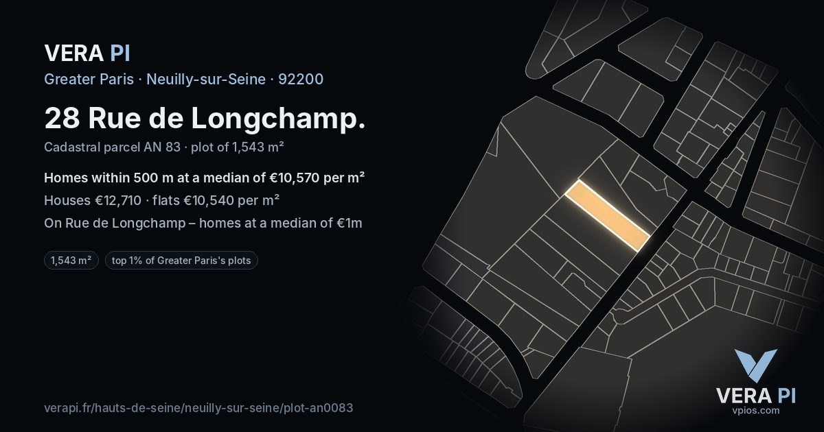28 Rue de Longchamp, Neuilly-sur-Seine at night – the plot lit, the parcels around coloured by the prices near them