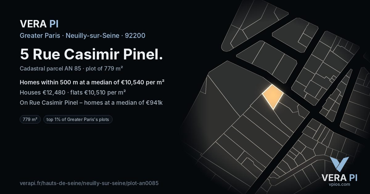 5 Rue Casimir Pinel, Neuilly-sur-Seine at night – the plot lit, the parcels around coloured by the prices near them