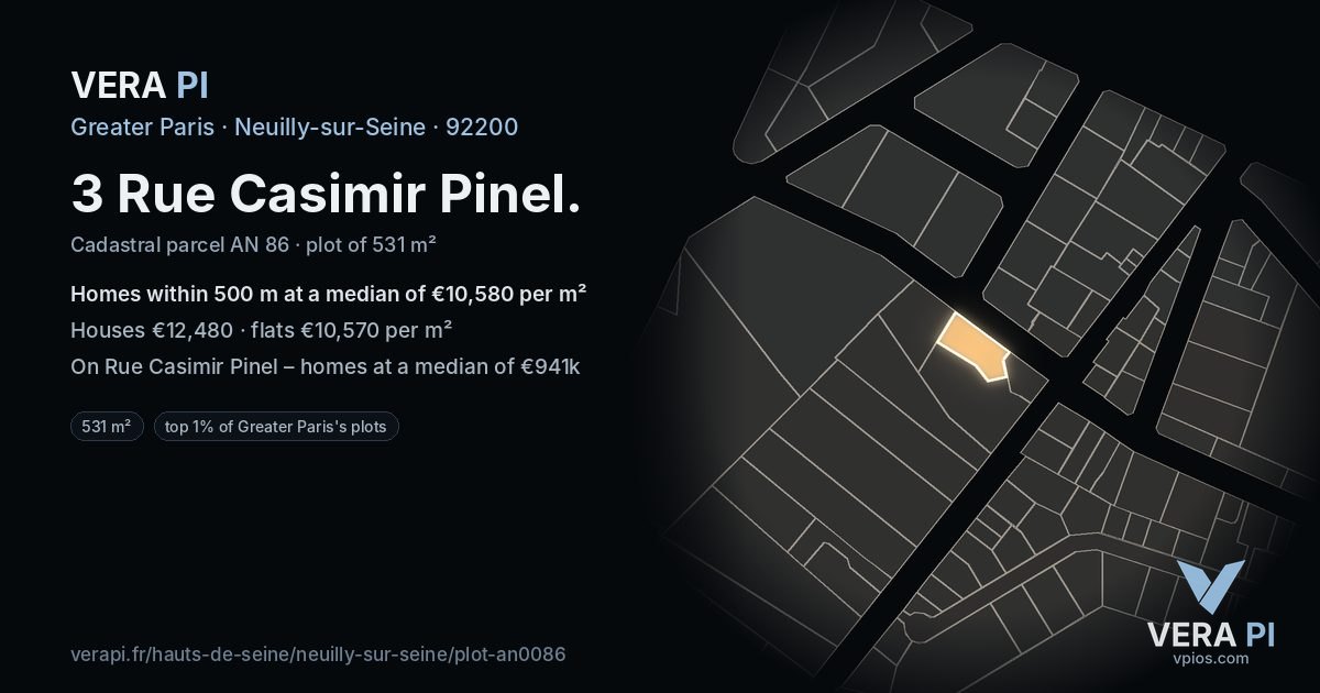 3 Rue Casimir Pinel, Neuilly-sur-Seine at night – the plot lit, the parcels around coloured by the prices near them