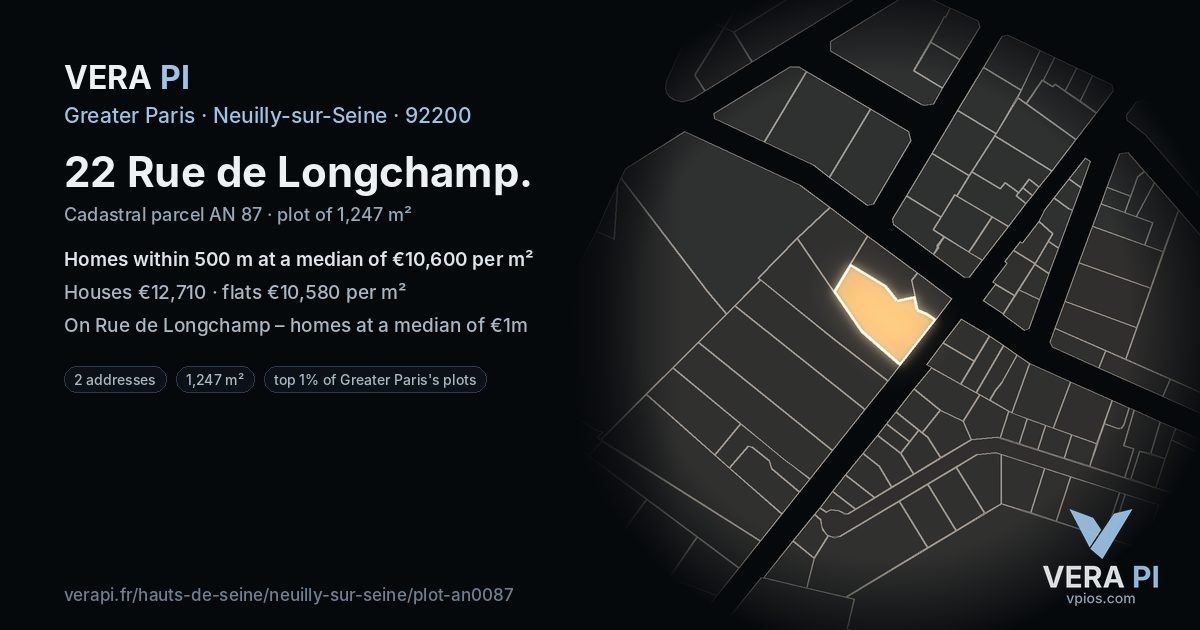 22 Rue de Longchamp, Neuilly-sur-Seine at night – the plot lit, the parcels around coloured by the prices near them