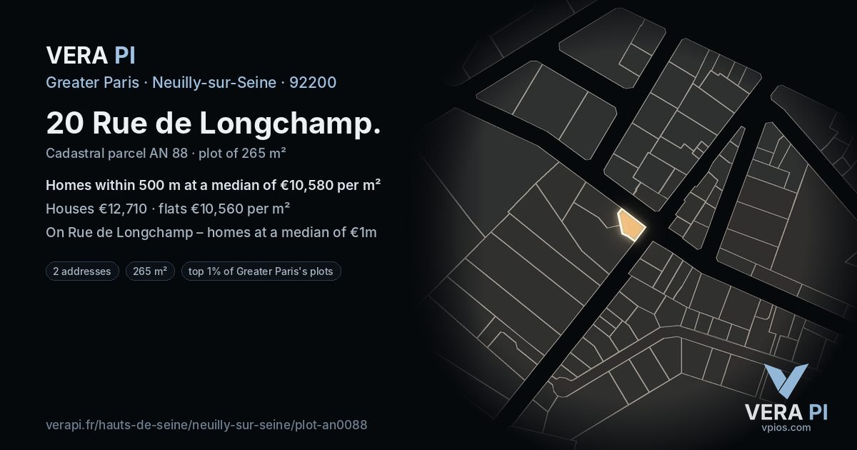 20 Rue de Longchamp, Neuilly-sur-Seine at night – the plot lit, the parcels around coloured by the prices near them