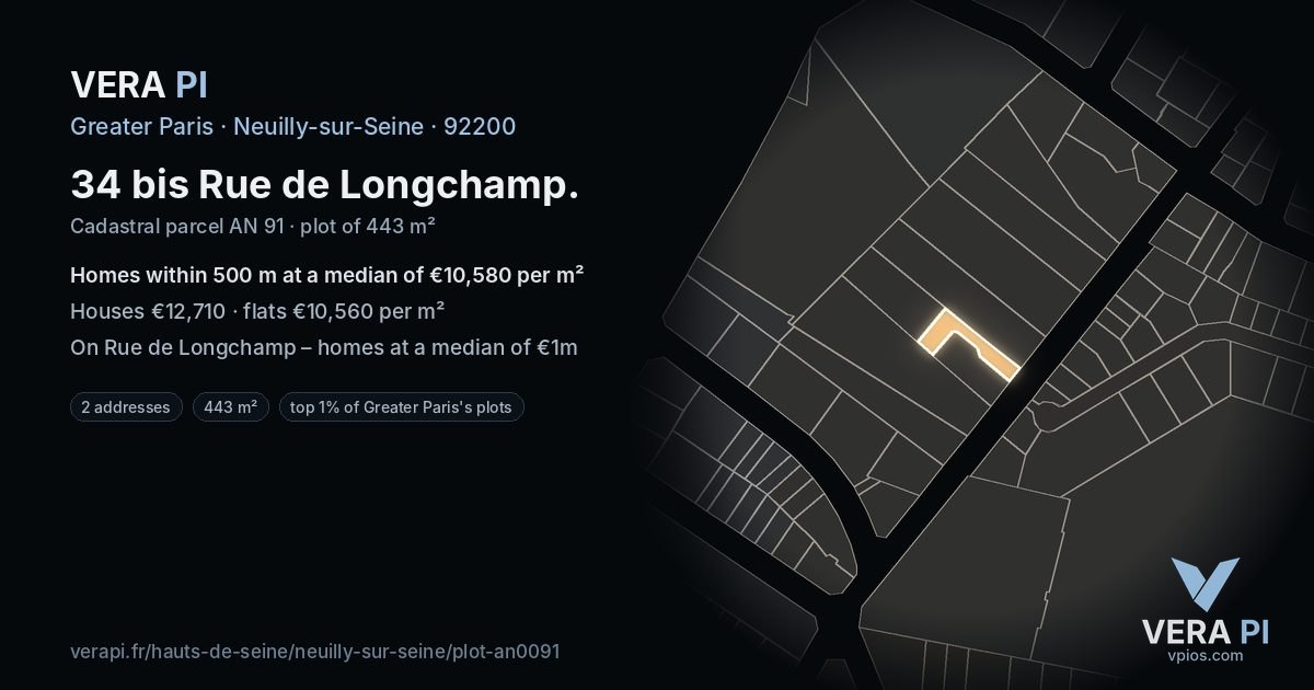 34 bis Rue de Longchamp, Neuilly-sur-Seine at night – the plot lit, the parcels around coloured by the prices near them