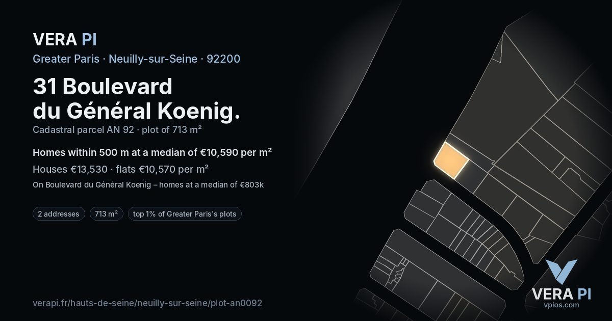 31 Boulevard du Général Koenig, Neuilly-sur-Seine at night – the plot lit, the parcels around coloured by the prices near them