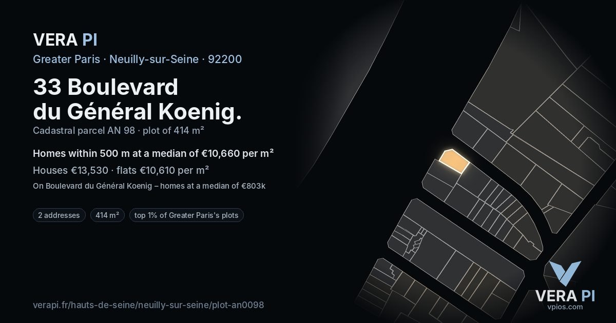 33 Boulevard du Général Koenig, Neuilly-sur-Seine at night – the plot lit, the parcels around coloured by the prices near them