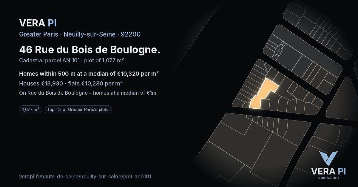 46 Rue du Bois de Boulogne, Neuilly-sur-Seine at night – the plot lit, the parcels around coloured by the prices near them