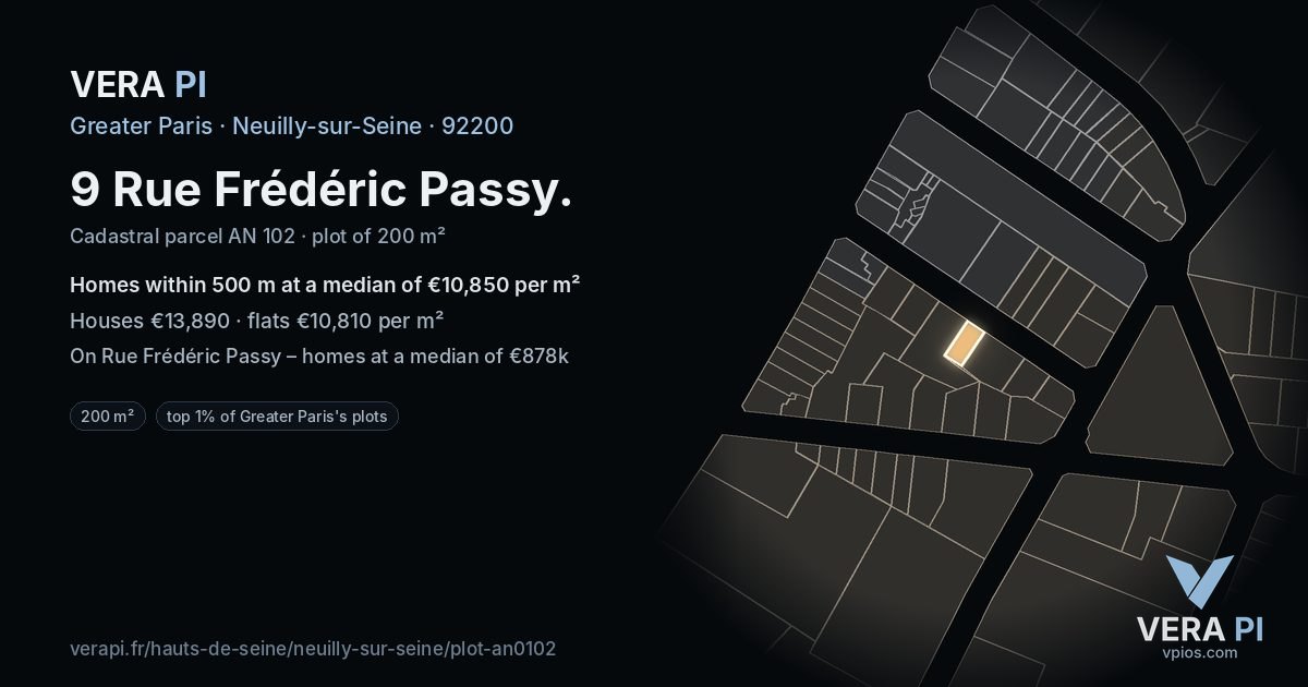 9 Rue Frédéric Passy, Neuilly-sur-Seine at night – the plot lit, the parcels around coloured by the prices near them