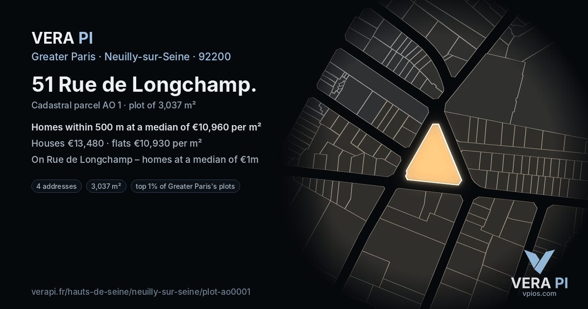 51 Rue de Longchamp, Neuilly-sur-Seine at night – the plot lit, the parcels around coloured by the prices near them