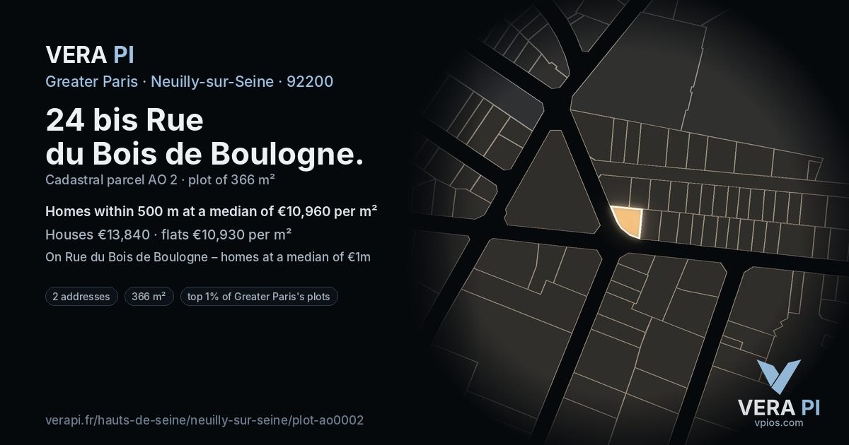 24 bis Rue du Bois de Boulogne, Neuilly-sur-Seine at night – the plot lit, the parcels around coloured by the prices near them