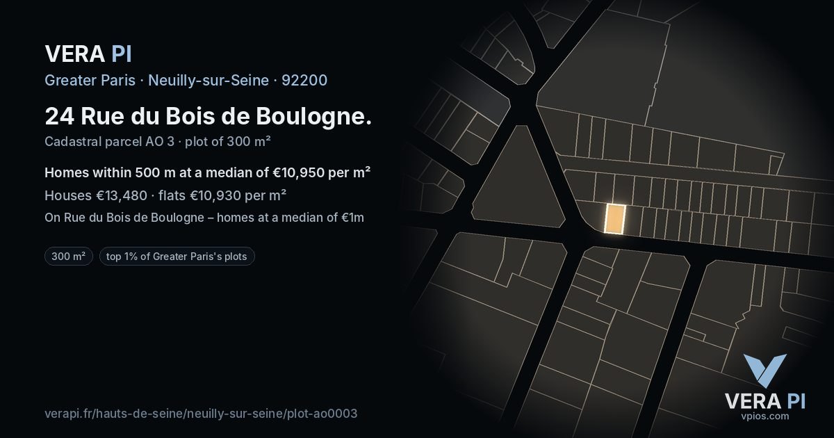 24 Rue du Bois de Boulogne, Neuilly-sur-Seine at night – the plot lit, the parcels around coloured by the prices near them