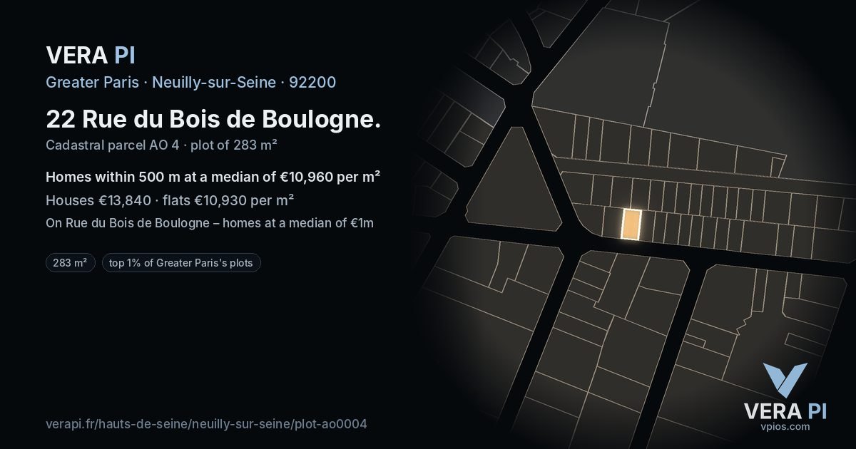 22 Rue du Bois de Boulogne, Neuilly-sur-Seine at night – the plot lit, the parcels around coloured by the prices near them
