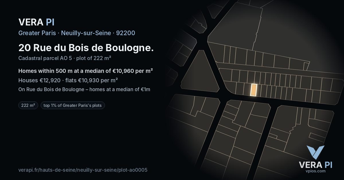 20 Rue du Bois de Boulogne, Neuilly-sur-Seine at night – the plot lit, the parcels around coloured by the prices near them