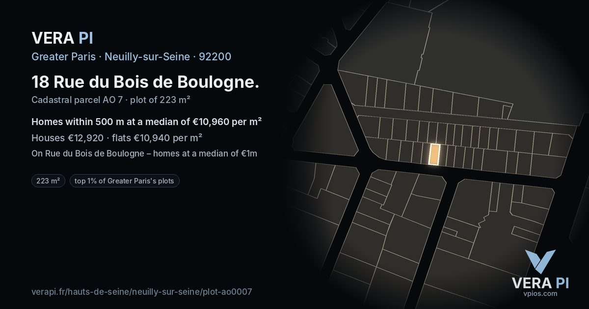 18 Rue du Bois de Boulogne, Neuilly-sur-Seine at night – the plot lit, the parcels around coloured by the prices near them