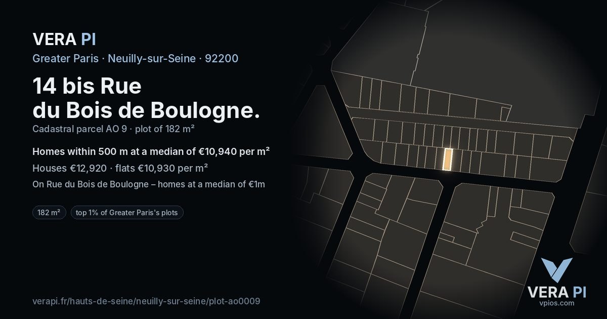14 bis Rue du Bois de Boulogne, Neuilly-sur-Seine at night – the plot lit, the parcels around coloured by the prices near them