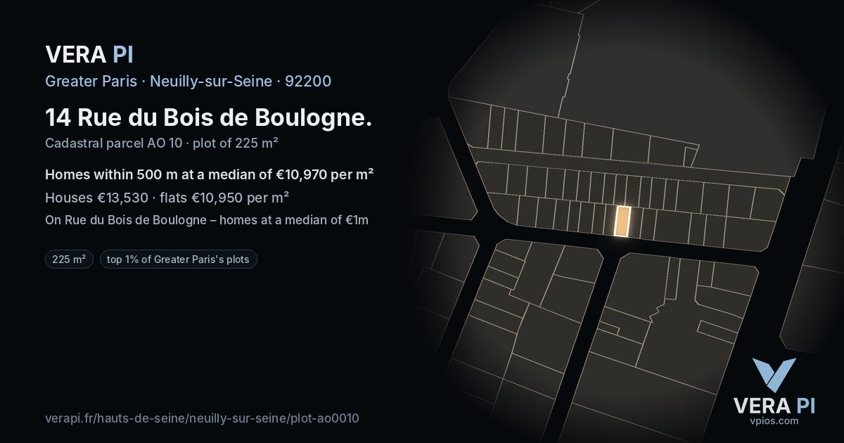 14 Rue du Bois de Boulogne, Neuilly-sur-Seine at night – the plot lit, the parcels around coloured by the prices near them