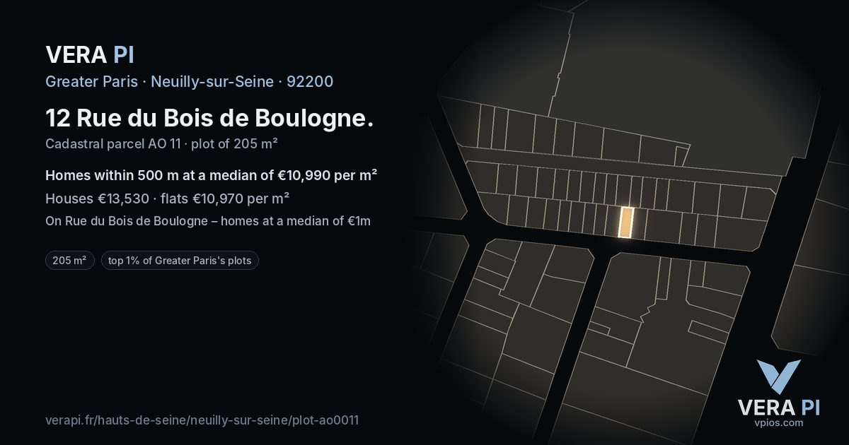 12 Rue du Bois de Boulogne, Neuilly-sur-Seine at night – the plot lit, the parcels around coloured by the prices near them