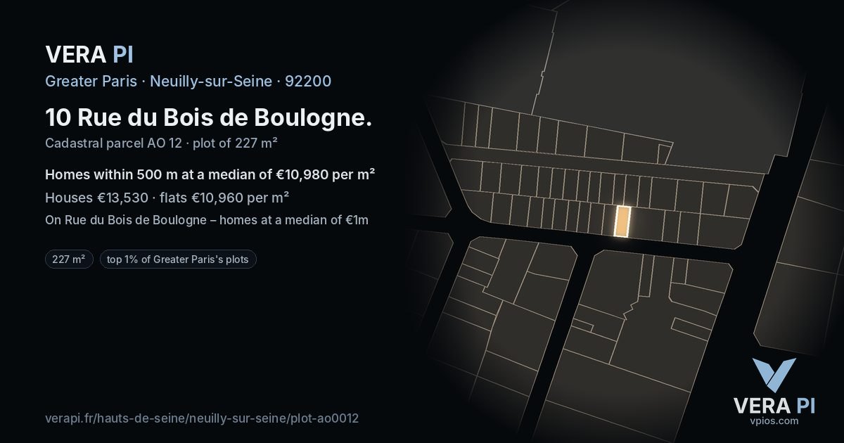 10 Rue du Bois de Boulogne, Neuilly-sur-Seine at night – the plot lit, the parcels around coloured by the prices near them