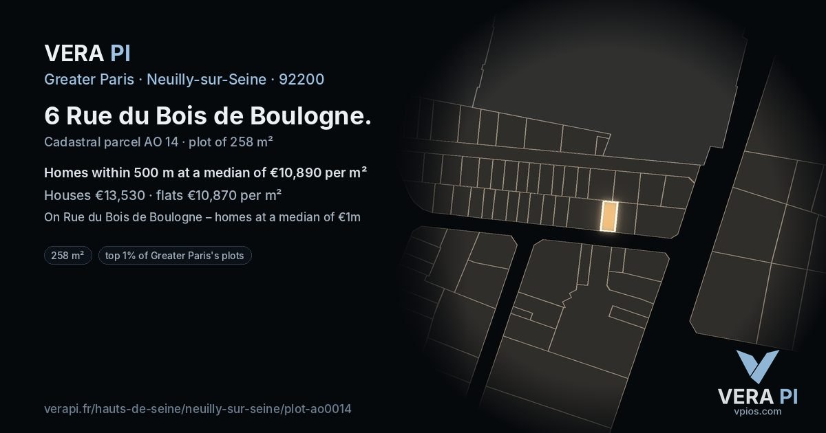 6 Rue du Bois de Boulogne, Neuilly-sur-Seine at night – the plot lit, the parcels around coloured by the prices near them
