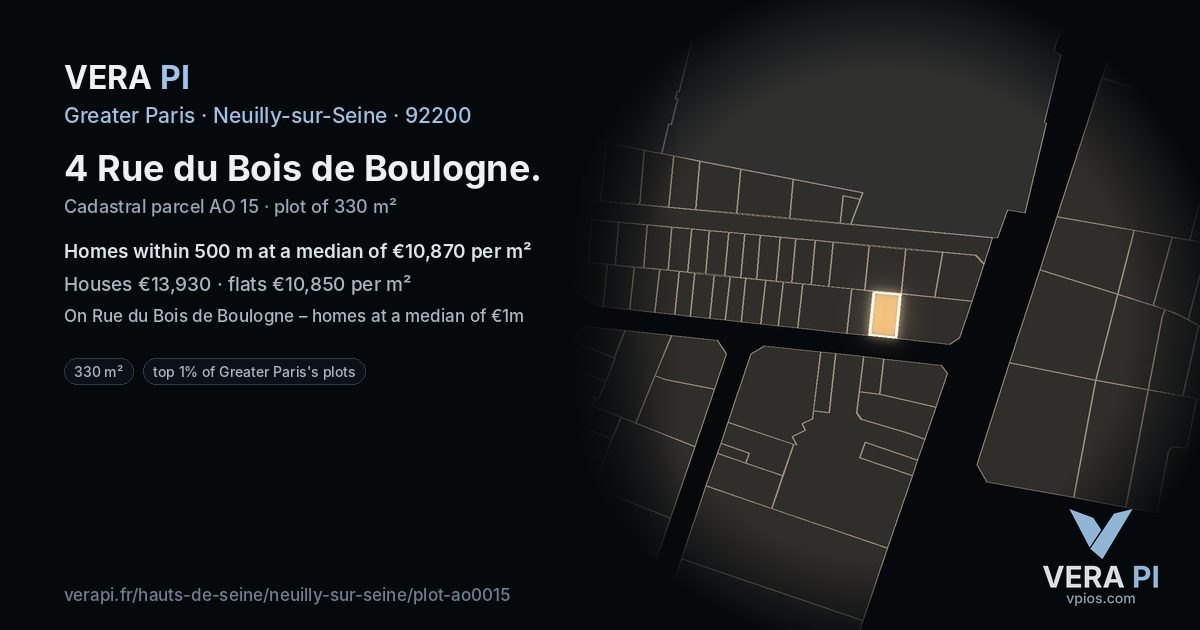 4 Rue du Bois de Boulogne, Neuilly-sur-Seine at night – the plot lit, the parcels around coloured by the prices near them
