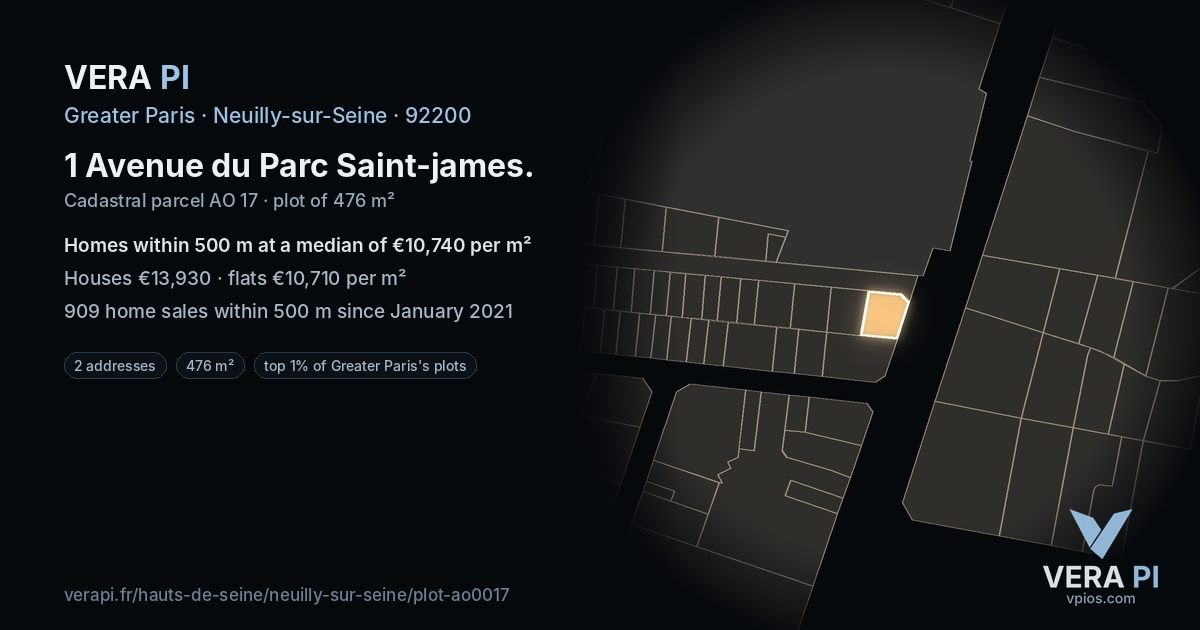 1 Avenue du Parc Saint-james, Neuilly-sur-Seine at night – the plot lit, the parcels around coloured by the prices near them