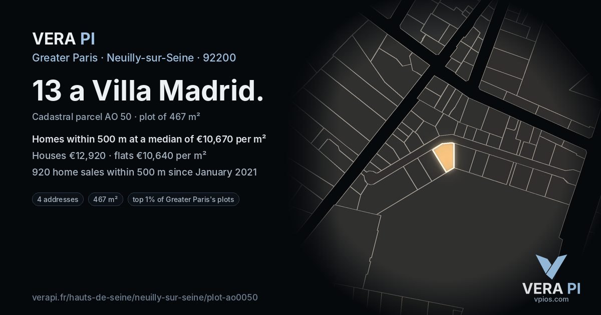 13 a Villa Madrid, Neuilly-sur-Seine at night – the plot lit, the parcels around coloured by the prices near them