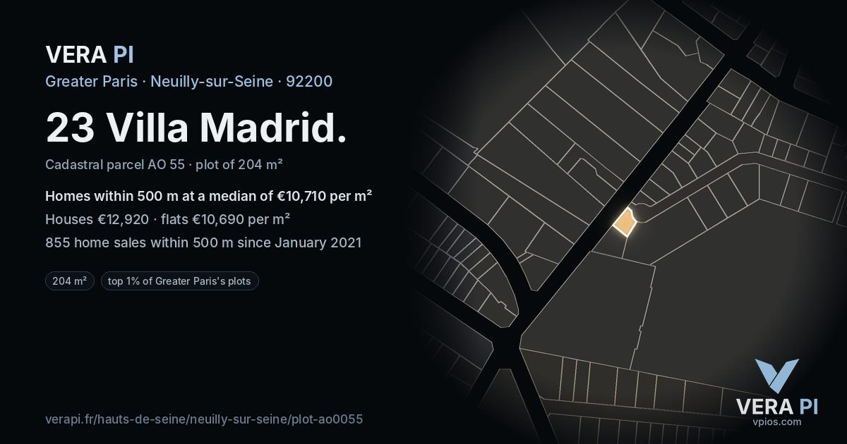 23 Villa Madrid, Neuilly-sur-Seine at night – the plot lit, the parcels around coloured by the prices near them