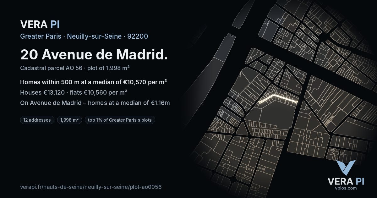 20 Avenue de Madrid, Neuilly-sur-Seine at night – the plot lit, the parcels around coloured by the prices near them