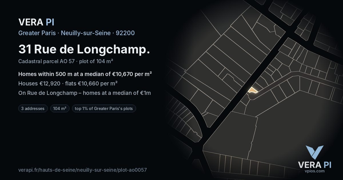 31 Rue de Longchamp, Neuilly-sur-Seine at night – the plot lit, the parcels around coloured by the prices near them