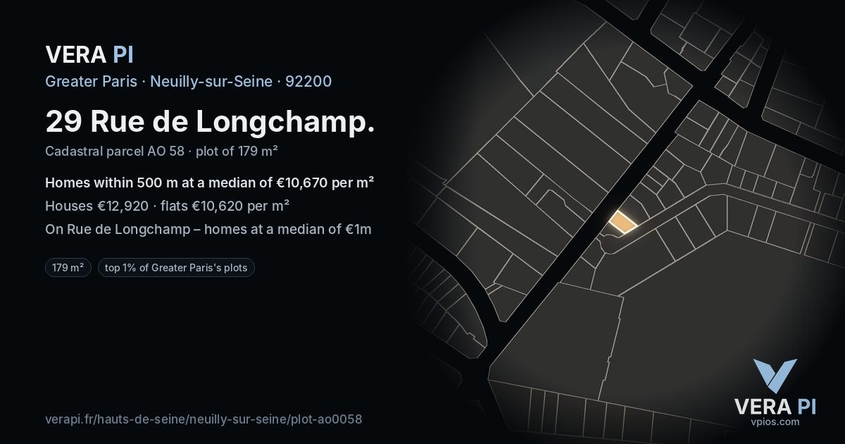29 Rue de Longchamp, Neuilly-sur-Seine at night – the plot lit, the parcels around coloured by the prices near them