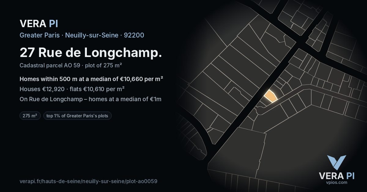 27 Rue de Longchamp, Neuilly-sur-Seine at night – the plot lit, the parcels around coloured by the prices near them