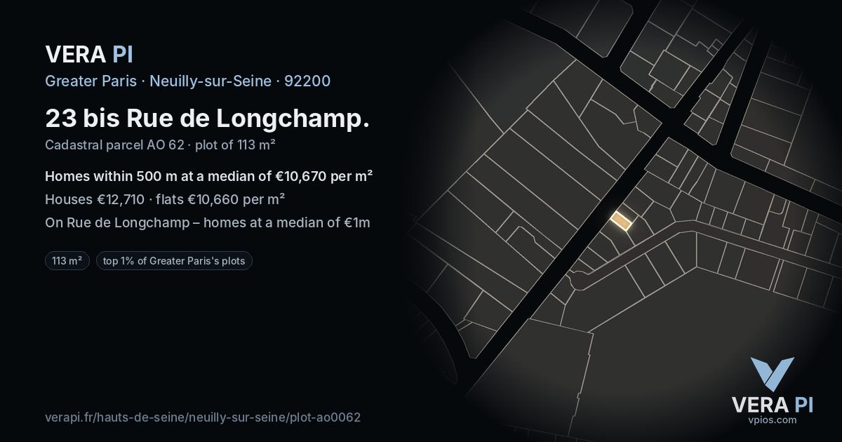 23 bis Rue de Longchamp, Neuilly-sur-Seine at night – the plot lit, the parcels around coloured by the prices near them