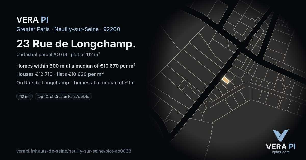 23 Rue de Longchamp, Neuilly-sur-Seine at night – the plot lit, the parcels around coloured by the prices near them