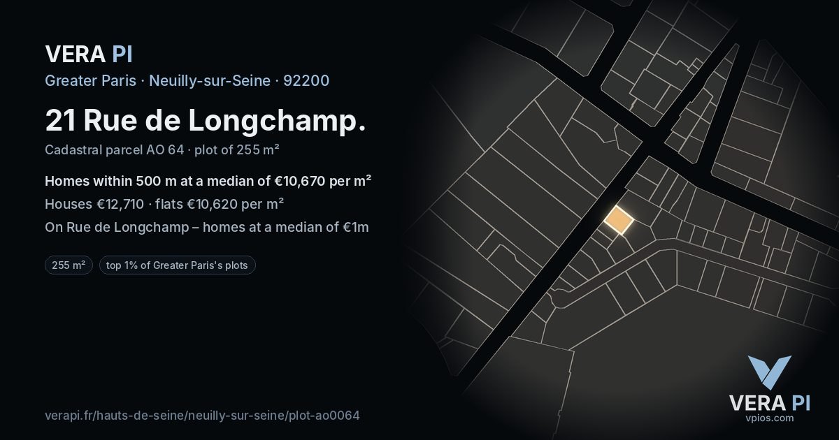 21 Rue de Longchamp, Neuilly-sur-Seine at night – the plot lit, the parcels around coloured by the prices near them