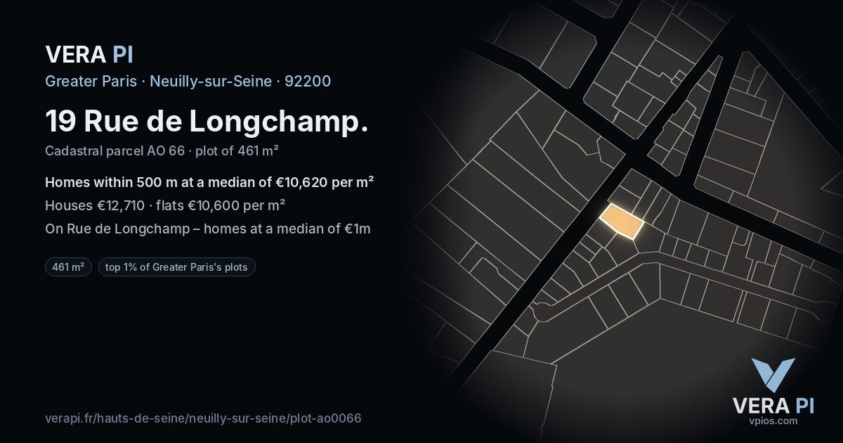 19 Rue de Longchamp, Neuilly-sur-Seine at night – the plot lit, the parcels around coloured by the prices near them