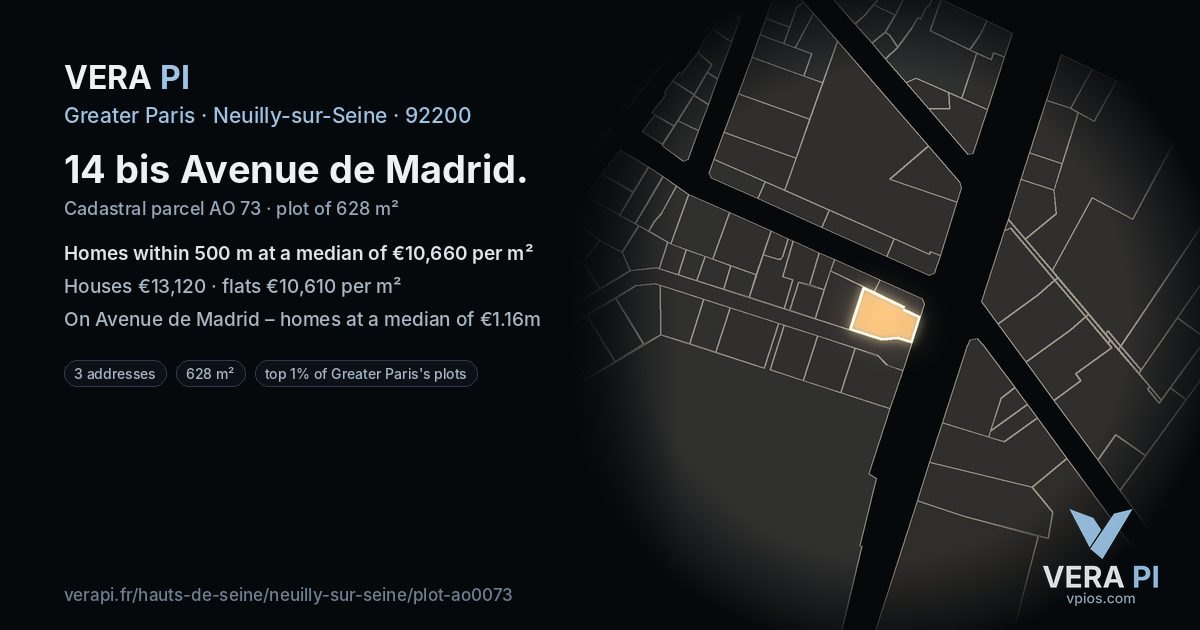 14 bis Avenue de Madrid, Neuilly-sur-Seine at night – the plot lit, the parcels around coloured by the prices near them