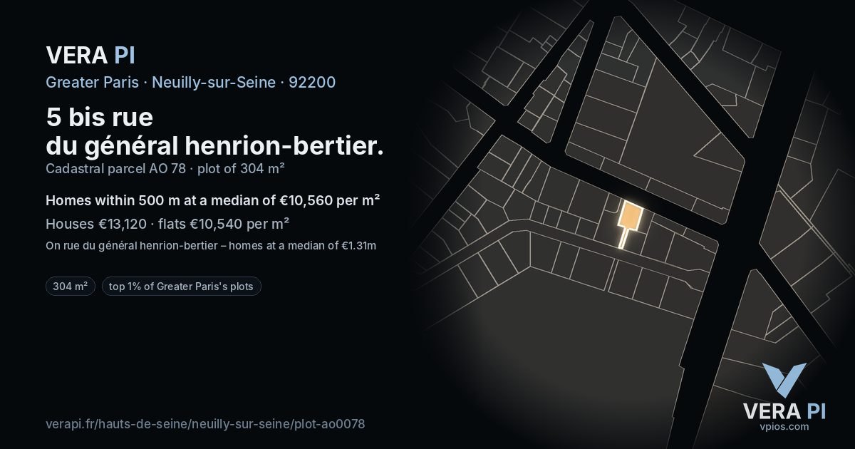 5 bis rue du général henrion-bertier, Neuilly-sur-Seine at night – the plot lit, the parcels around coloured by the prices near them