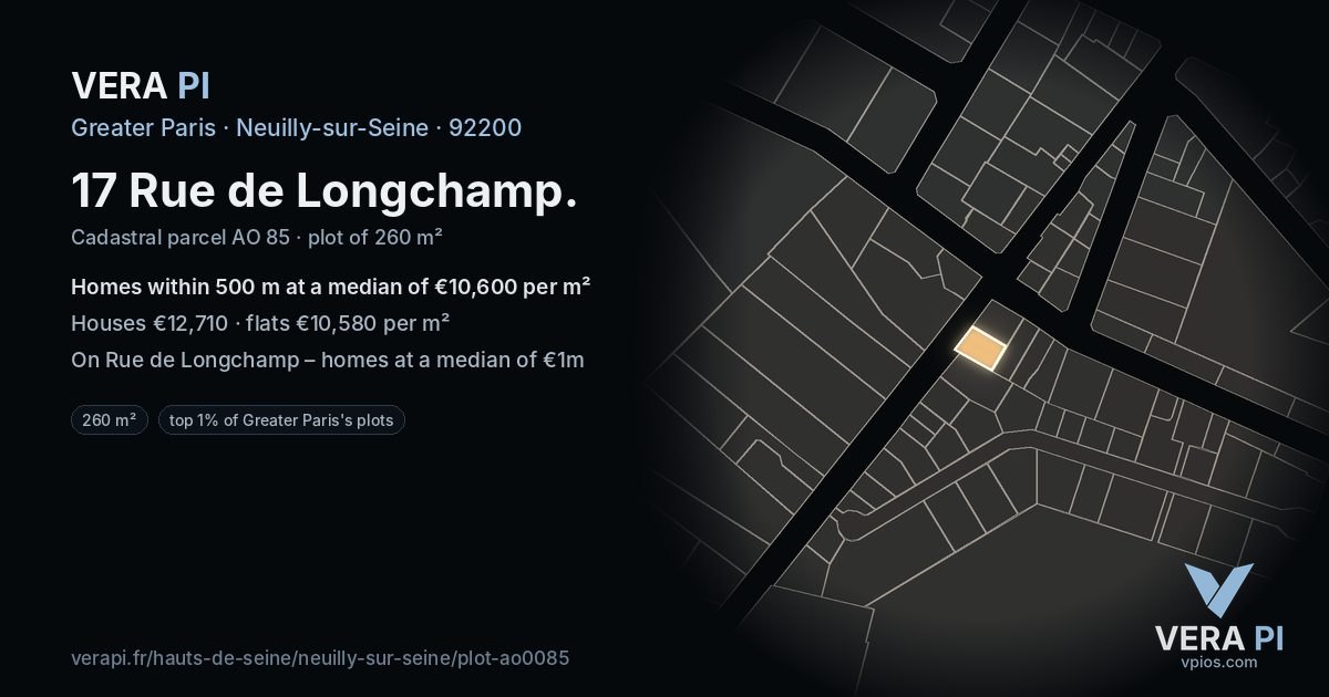 17 Rue de Longchamp, Neuilly-sur-Seine at night – the plot lit, the parcels around coloured by the prices near them
