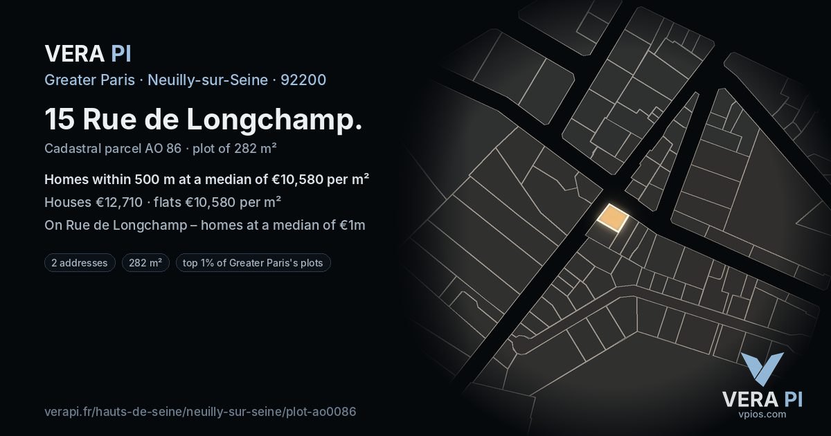 15 Rue de Longchamp, Neuilly-sur-Seine at night – the plot lit, the parcels around coloured by the prices near them