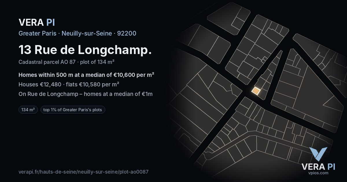 13 Rue de Longchamp, Neuilly-sur-Seine at night – the plot lit, the parcels around coloured by the prices near them