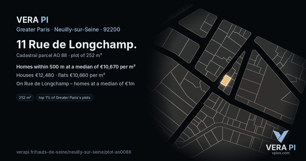 11 Rue de Longchamp, Neuilly-sur-Seine at night – the plot lit, the parcels around coloured by the prices near them