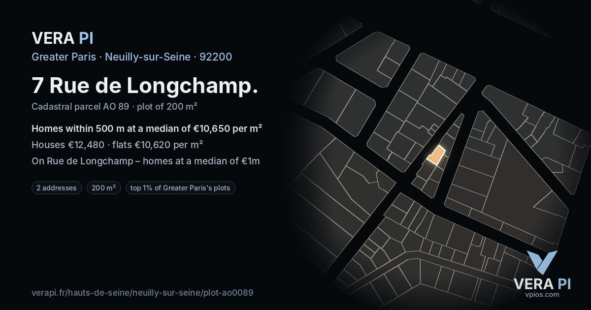 7 Rue de Longchamp, Neuilly-sur-Seine at night – the plot lit, the parcels around coloured by the prices near them