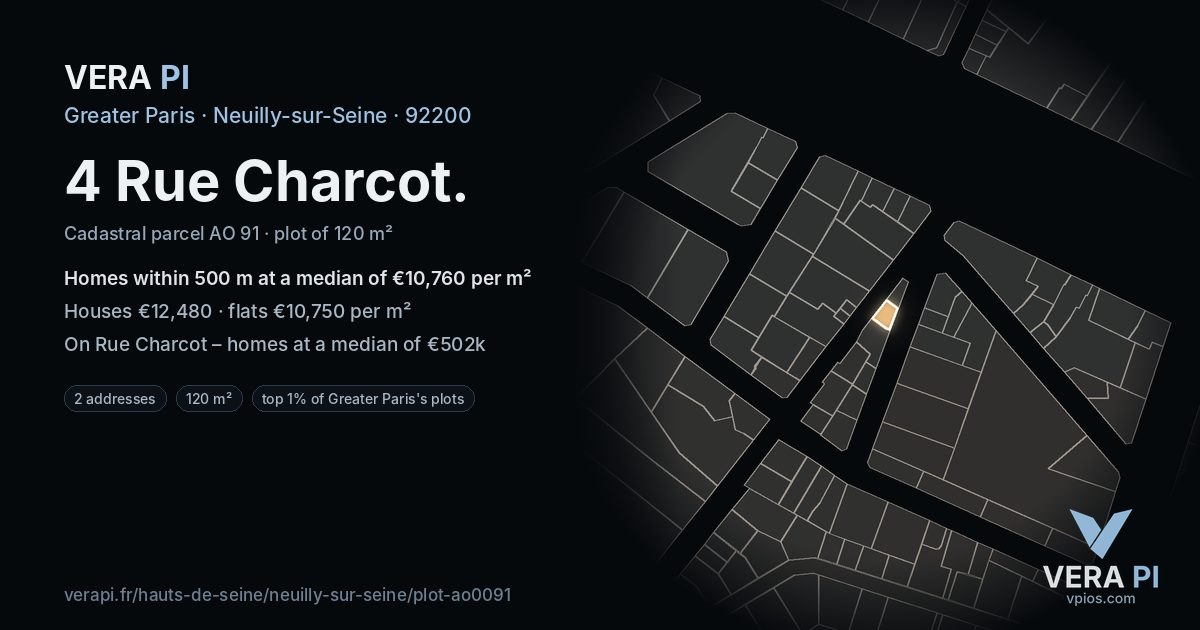 4 Rue Charcot, Neuilly-sur-Seine at night – the plot lit, the parcels around coloured by the prices near them