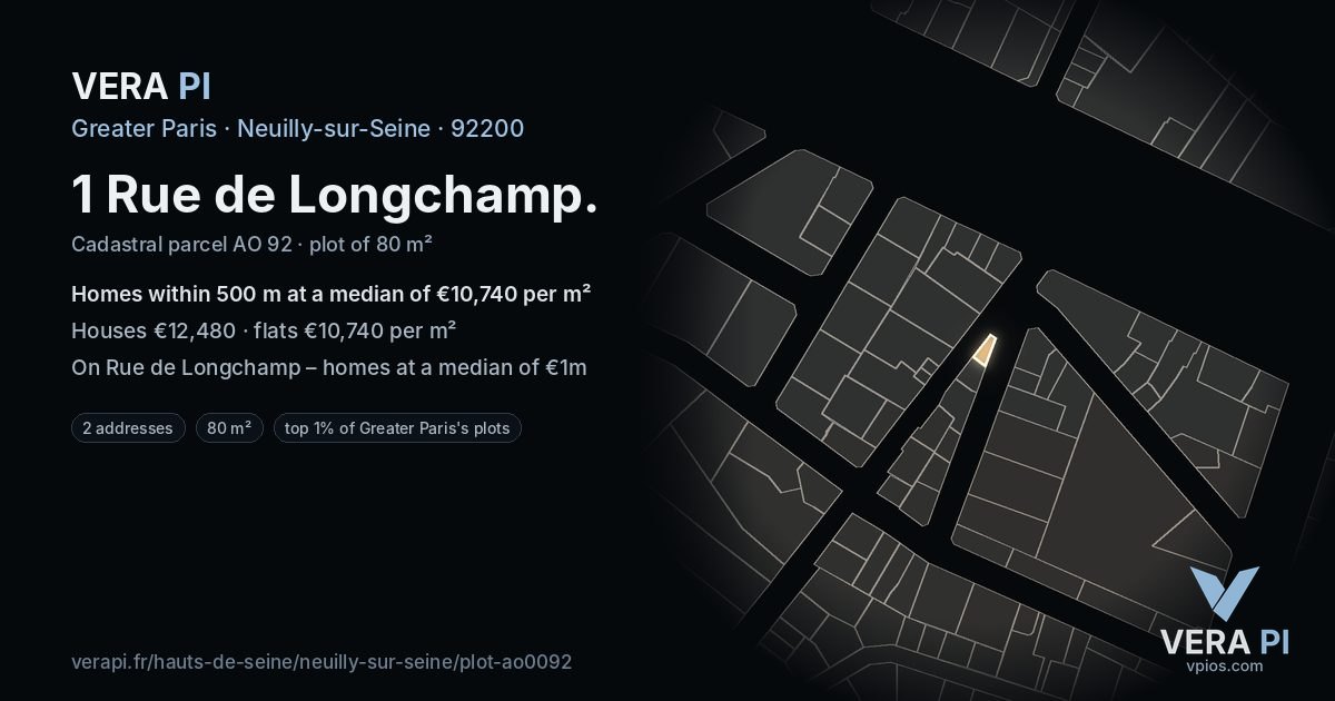 1 Rue de Longchamp, Neuilly-sur-Seine at night – the plot lit, the parcels around coloured by the prices near them